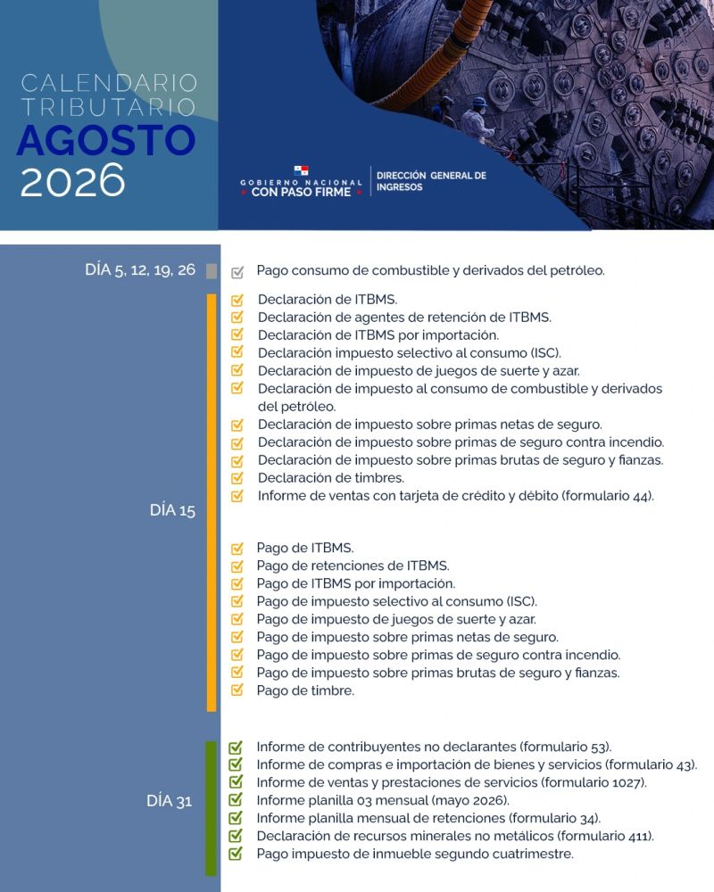 HurtadoCPAS's tweet photo. Calendario Tributario para el mes de agosto de 2026. Fuente Ministerio de Economía y Finanzas, Dirección General de Ingresos.
#impuestos #tributación #economia #PIB #2026 #PANAMA #preciosdetransferencia #devoluciondeimpuestos https://t.co/0gVBd4JYdw