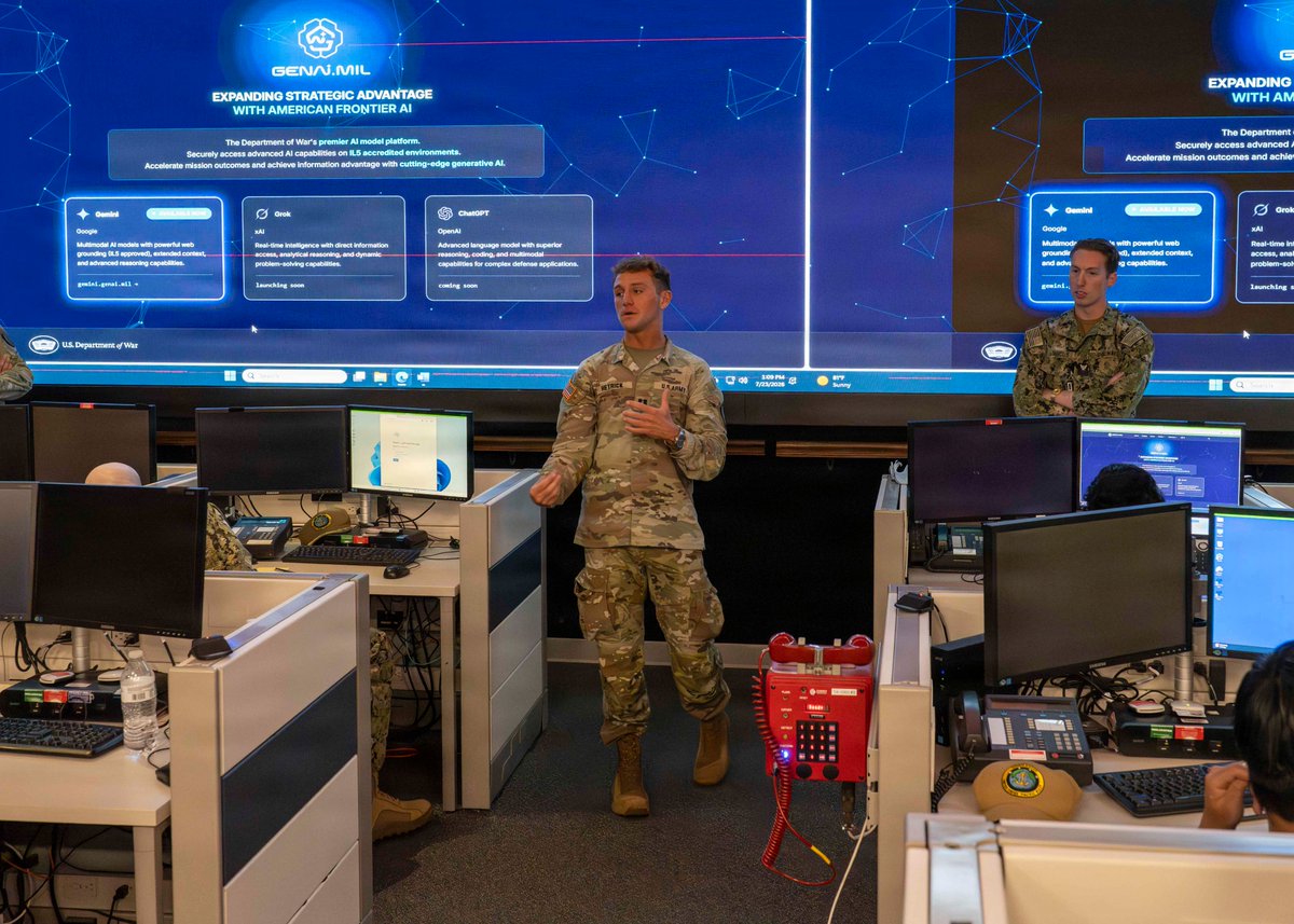 DoWCTO's tweet photo. The @CDAODoW's https://t.co/fb2dtG0gGM Task Force recently embedded with the U.S. Pacific Fleet at Joint Base Pearl Harbor-Hickam, Hawaii, to directly push frontier AI capabilities into an operational environment.

Over a four-day period, the https://t.co/fb2dtG0gGM Task Force built and delivered over twenty custom AI agents to Sailors, automating heavy cognitive burdens on the watchfloor. Key achievements included collapsing a critical three-day operational reporting process into just one hour and converting critical data into structured briefing slides in only two minutes.

This embed continues the proliferation of AI across the Joint Force to secure decision superiority. Acting on the @DeptofWar’s AI Acceleration Strategy, the https://t.co/fb2dtG0gGM Task Force is delivering the combat lethality required to ensure our warfighters act faster and dominate in any operational environment.