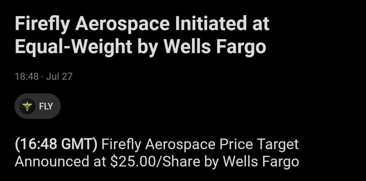 princerpts's tweet photo. Wells Fargo just initiated $FLY at Equal-Weight with a $25 price target.

Stock is sitting at $19-20 right now.

That's 25-30% upside from a "neutral" rating.

Read that again.

When the cautious analysts are still pricing in upside from here, that's not a red flag. That's a floor.

$FLY has landed on the moon, has NASA contracts stacking up, and Wall Street is only just starting to price in the real business.

The neutral rating isn't the ceiling. It's the starting point.