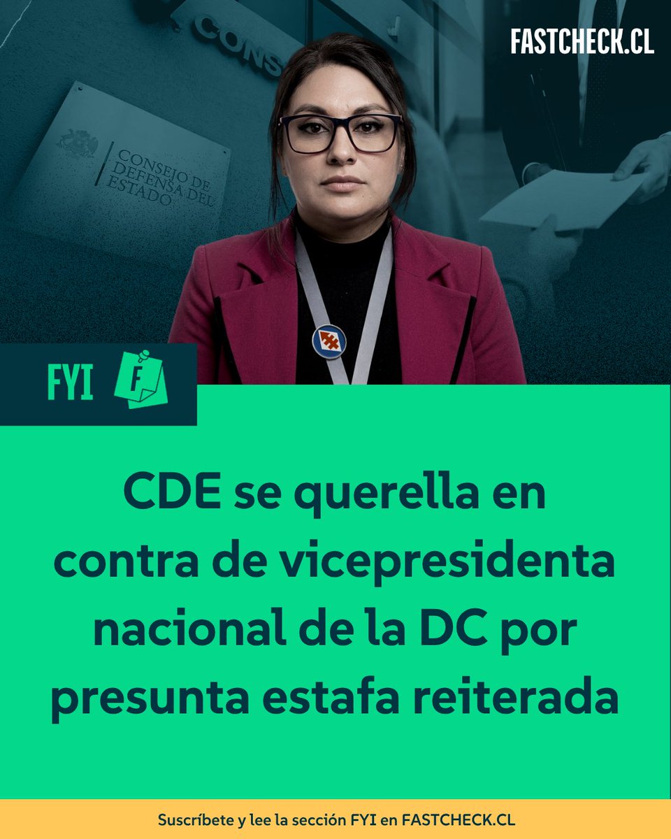 fastcheckcl's tweet photo. El Consejo de Defensa del Estado (CDE) presentó una querella contra María Carolina Inostroza, vicepresidenta nacional de la DC (6°), por presuntos delitos de estafa y uso malicioso de documento privado mercantil falso, en una investigación por la rendición de proyectos financiados con recursos del Gobierno Regional del Biobío. La acción sostiene que se habrían utilizado boletas inexistentes y alteradas para justificar gastos. 

Más detalles en la nota 👇
https://t.co/1m5uoetYMM
