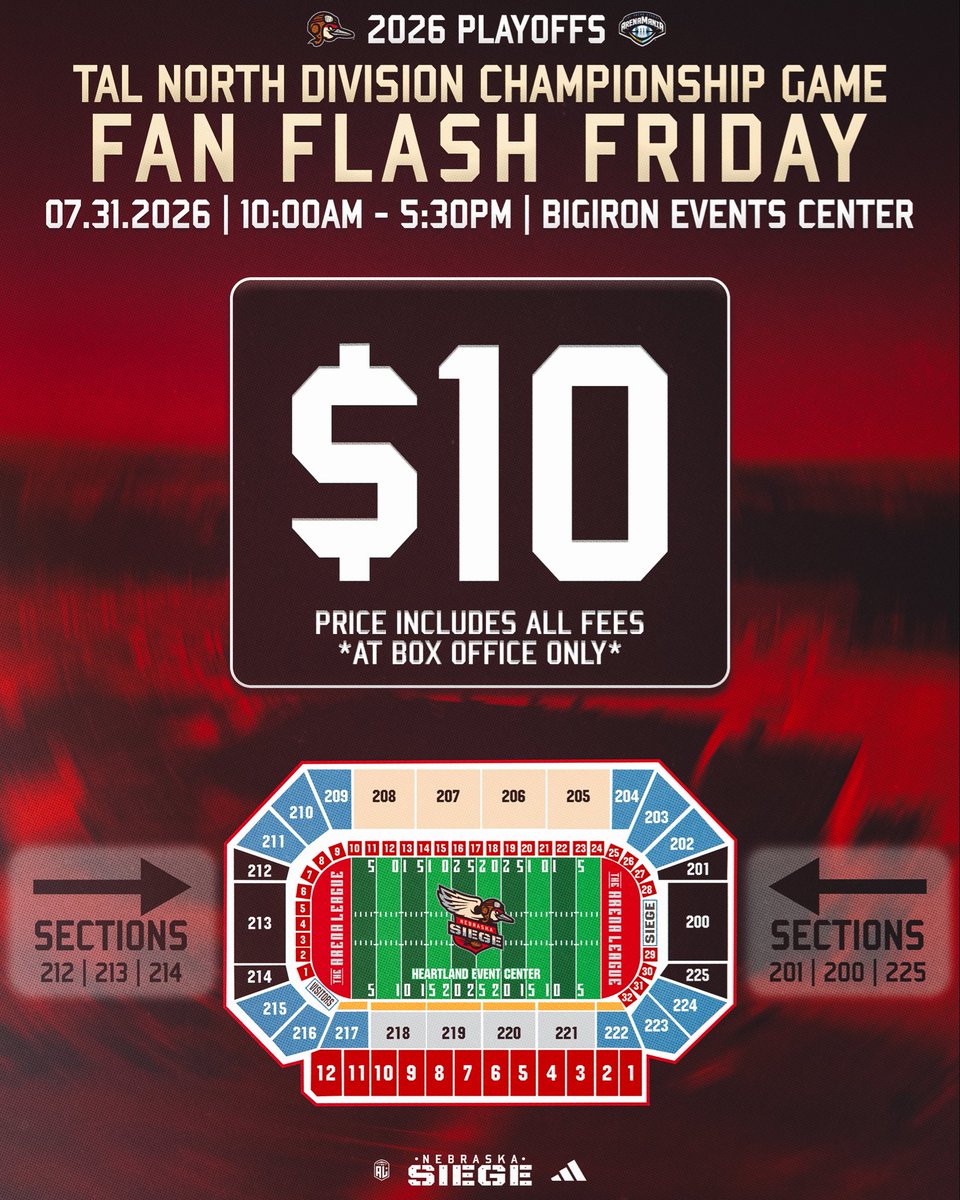nesiege's tweet photo. π¨ Fan Flash Friday π¨
Get your TAL North Division Championship Game tickets at the BigIron Events Center box office this Friday from 10:00am to 5:30pm for just $10! Lock in your seats and help us create one of the loudest home-field advantages in arena football.
#SiegeNation https://t.co/gwDTfXO0a0