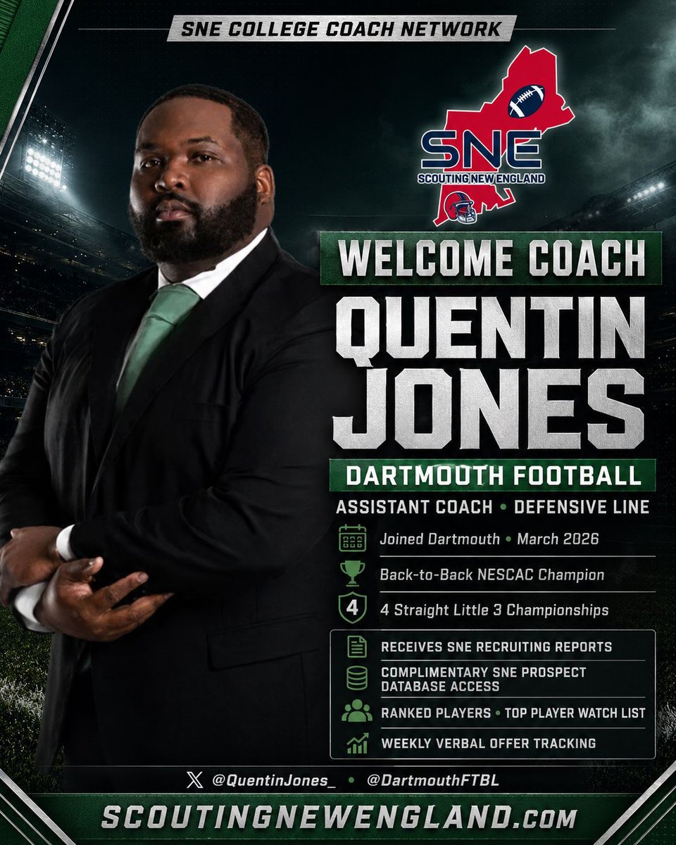 ScoutingNE's tweet photo. Scouting New England officially welcomes Dartmouth Football Assistant Coach and Defensive Line Coach Quentin Jones!

Coach Jones brings an impressive coaching résumé that includes back-to-back NESCAC championships, four consecutive Little Three championships and experience coaching at the collegiate, professional and international levels.

As a member of the SNE College Coach Network, Coach Jones will receive:

✅ SNE recruiting reports covering top New England prospects
✅ Complimentary access to the SNE Prospect Profile Database
✅ Ranked Players and Top Player Watch Lists for Classes 2027–2030
✅ Weekly New England Verbal Offer Tracking
✅ Information on emerging and under-the-radar prospects throughout the region

New England prospects: Have you attended a Dartmouth camp, communicated with Coach Jones or competed in front of him? Let us know in the comments and tag a teammate he should know! 👇

High school coaches and New England football fans—follow SNE for player rankings, recruiting news, scouting reports, offers and rising prospects from across the region.

🔗 Visit https://t.co/fXZEhuKe2s

@QuentinJones_
@DartmouthFTBL

#ScoutingNewEngland #NewEnglandFootball #DartmouthFootball #CollegeFootballRecruiting #FootballRecruiting #HighSchoolFootball #NESCACFootball #NewEnglandProspects #ClassOf2027 #ClassOf2028 #ClassOf2029 #ClassOf2030