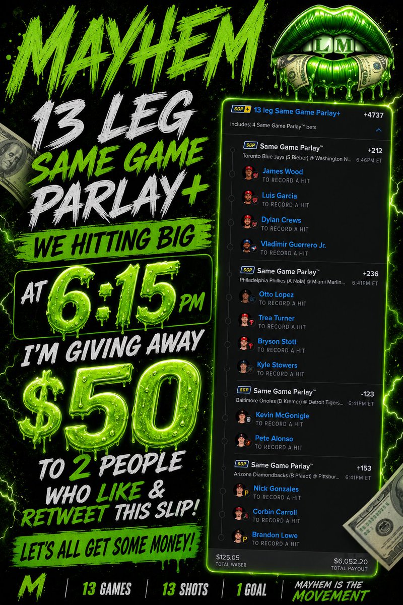 Ladi_Mayhem's tweet photo. 🚨 MAYHEM GIVEAWAY 🚨
At 6:15 PM ET I'm sending $50 CASH to 2 people.

All you have to do: ✅ Like this post ✅ Repost (RT) this slip ✅ Follow me
Let's all eat 
https://t.co/7xQ1ktV66W
#MLBParlay #SportsTwitter #GamblingX #BettingCommunity #HitProps #ParlayLife https://t.co/j2g6GrM8UB