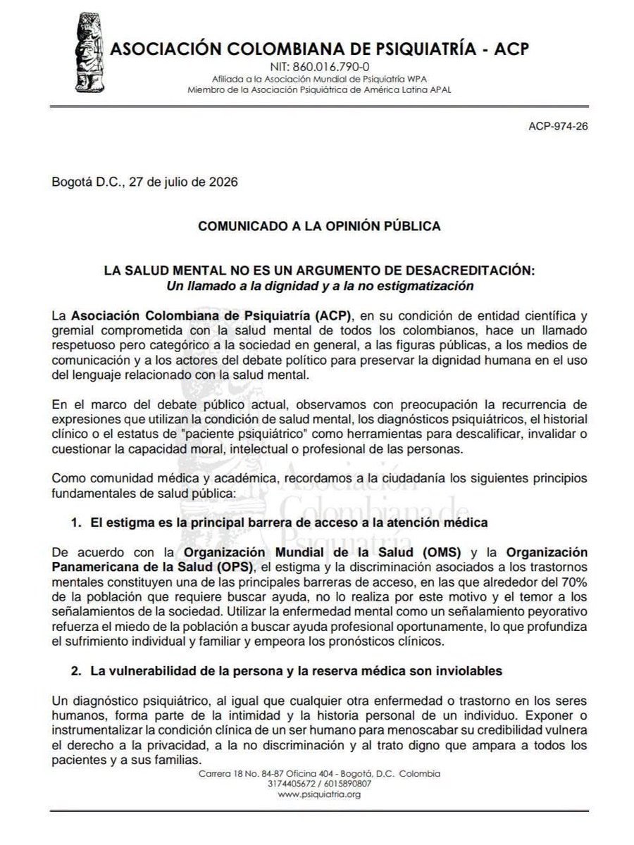PROMEDICOS's tweet photo. Médicos de Colombia se une al llamado que hace la Asociación colombiana de psiquiatría a las figuras públicas para evitar a toda costa utilizar los diagnósticos en enfermedad mental como condición mínimizante, descalificadora o estigmatizante de quienes la padecen https://t.co/Vkj6P8EW8S