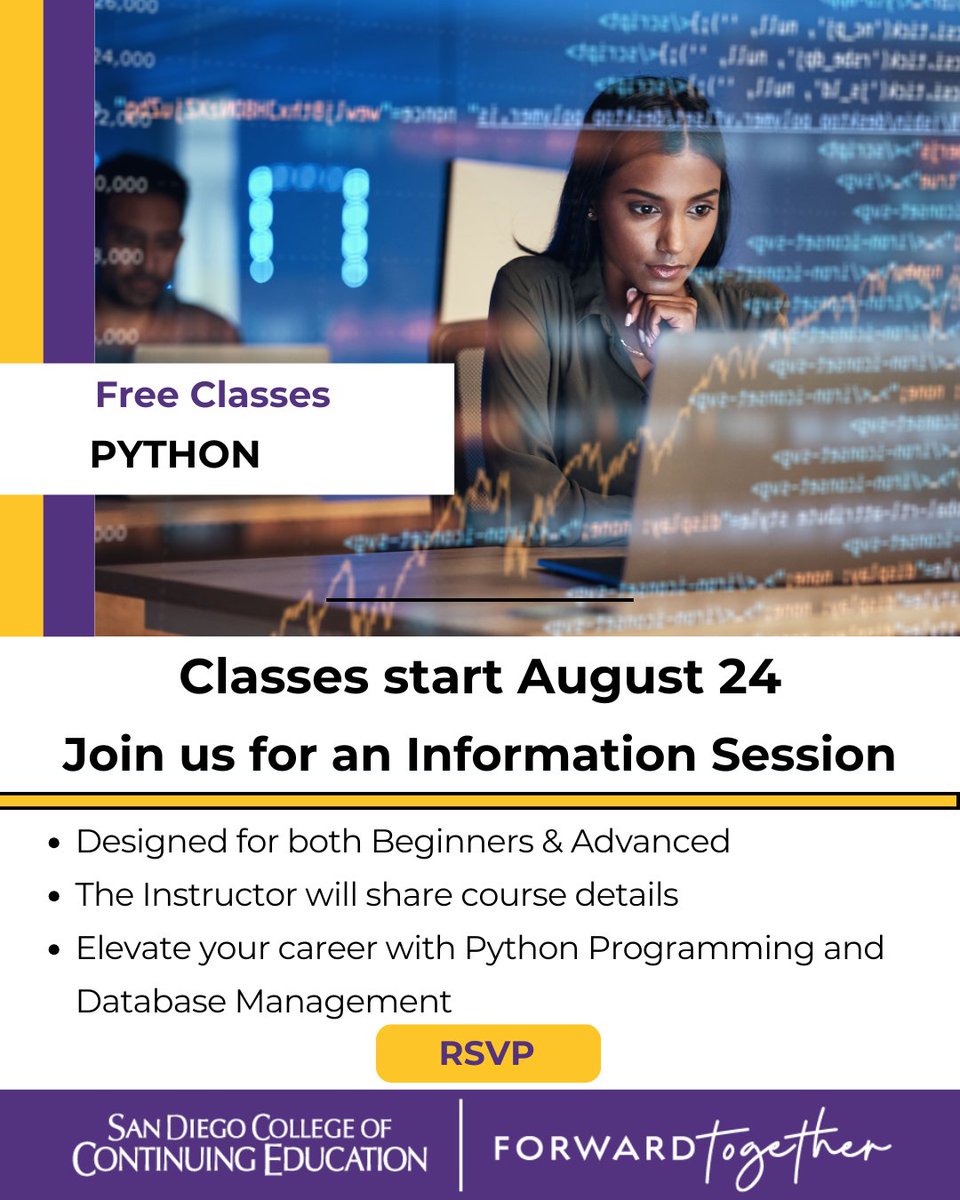 SDCCEEDU's tweet photo. Join our Python Info Session at North City Campus on August 6 from 6 to 7 pm to learn about our Python programs, explore course expectations and assignments, and more.
RSVP here: https://t.co/tDFiP4cSyA
#SDCCE #Python https://t.co/dwqGCOeNxW