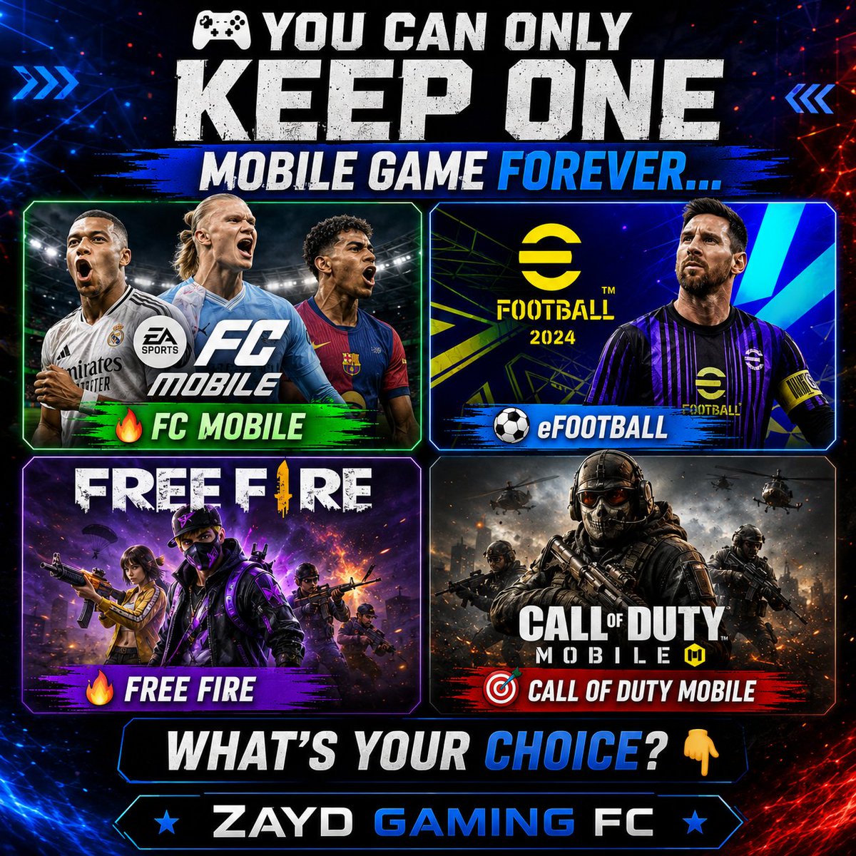ZaydGamingFc's tweet photo. 🎮 You can only keep ONE mobile game forever...

🔥 FC Mobile
⚽ eFootball
🔥 Free Fire
🎯 Call of Duty: Mobile

Which one are you choosing? 👇

#Gaming #FCMobile #eFootball #FreeFire #CODMobile #MobileGames #ZaydGamingFC https://t.co/SuUgqBbToC