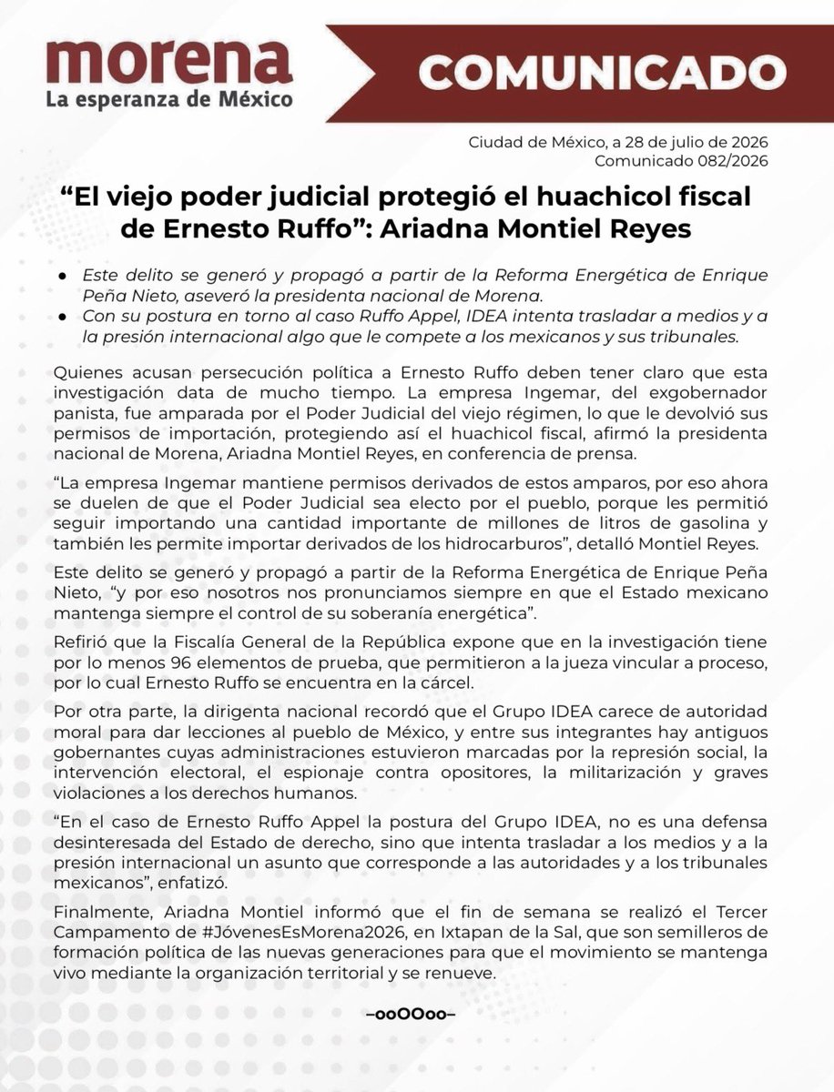 PartidoMorenaMx's tweet photo. 📰📌 El CEN de Morena comparte comunicado de prensa:

“El viejo poder judicial protegió el huachicol fiscal de Ernesto Ruffo”: @A_MontielR 

- Este delito se generó y propagó a partir de la Reforma Energética de Enrique Peña Nieto, aseveró la presidenta nacional de Morena.

- Con su postura en torno al caso Ruffo Appel, IDEA intenta trasladar a medios y a la presión internacional algo que le compete a los mexicanos y sus tribunales.

🔗 https://t.co/NkJrgUMPTP