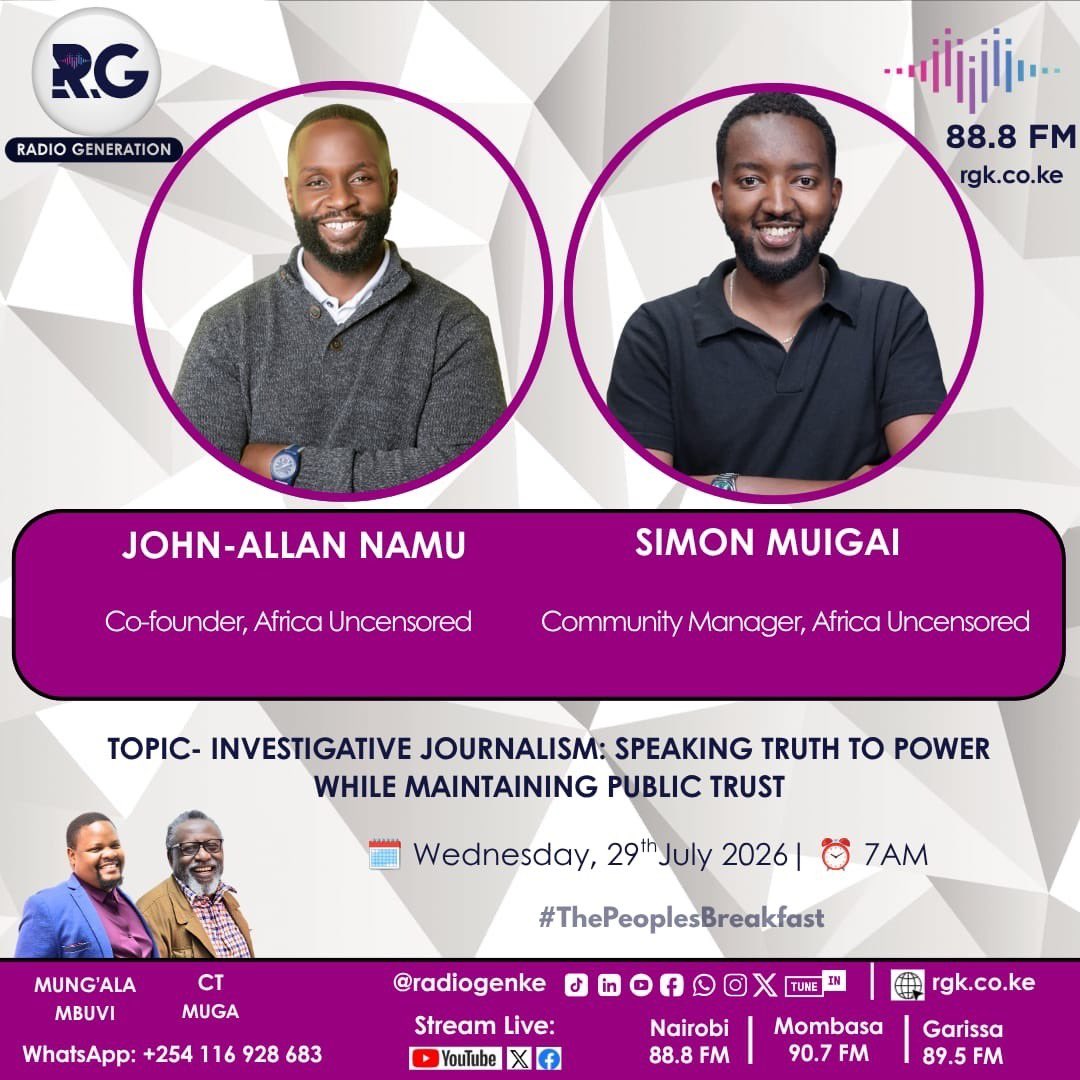 Simon_Muigai_'s tweet photo. Community and impact should not end when a story is published.

On @RadioGenKe discussing investigative journalism: speaking truth to power while maintaining public trust, and how @AfUncensored is building deeper connections with the communities our work is meant to serve. https://t.co/v8bt9zxXLt