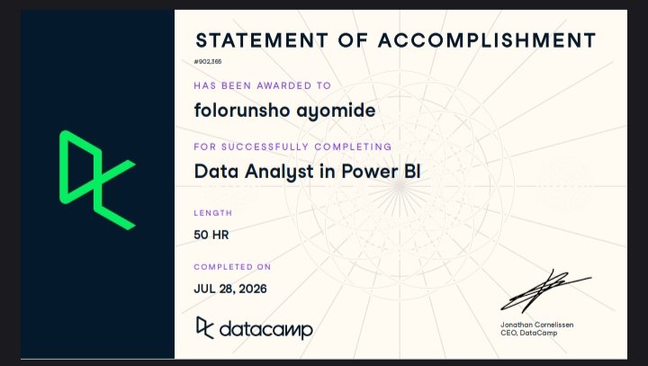 de_blue_one's tweet photo. Just completed the Power BI Track on @DataCamp and earned my Statement of Accomplishment! 🎉

https://t.co/SNH0If5ZxF
Next stop: building real-world Power BI projects, then taking the certification exam. Excited for the journey ahead!

#PowerBI #DataAnalytics #DataCamp https://t.co/w0xqgSVNiv