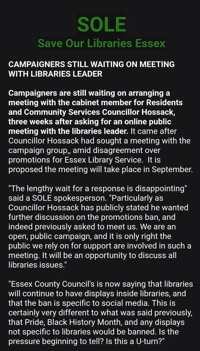 SOLE_Essex's tweet photo. Our latest press release. CAMPAIGNERS STILL WAITING ON MEETING WITH LIBRARIES LEADER. #LibrariesForAll https://t.co/EaQQupIO5a