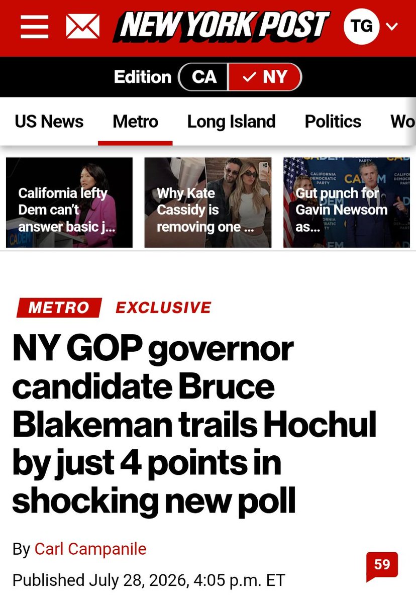 RudyGiuliani's tweet photo. 🚨 BOMBSHELL NEW POLL: New York Republican gubernatorial candidate Bruce Blakeman trails incumbent Democrat Kathy Hochul by just 4 points.

HOCHUL: 47%
BLAKEMAN: 43%
UNDECIDED: 10%

SOURCE: @NYPost https://t.co/4u0QKb1vJh