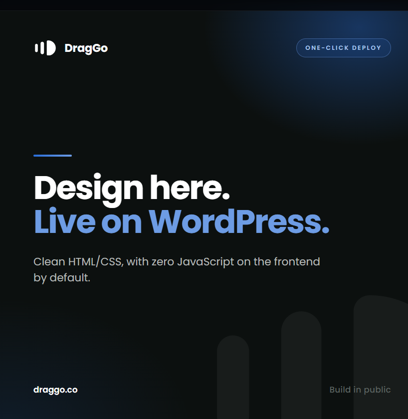 naseemsanwal's tweet photo. Design on an infinite canvas → live on WordPress in one click.
No page-builder bloat. No shortcodes. DragGo ships clean HTML/CSS with zero JavaScript on the frontend by default.
Fast because there's nothing to slow it down. ⚡
#BuildInPublic #WordPress #DragGo https://t.co/RgqnIgI2qJ
