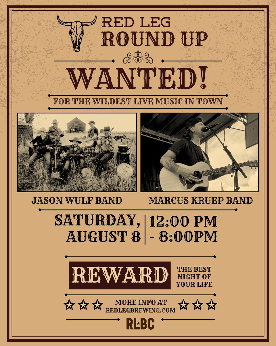 redlegbrewco's tweet photo. Saddle up for the Red Leg Round Up on August 8th from 12-8PM! We're gearing up for a full day of boot-stompin' tunes, cold beer, and Western fun. The Jason Wulf Band will perform live from 12-3PM with the Marcus Kruep Band following from 4-8PM! And it's FREE to attend! https://t.co/4xSZIlhkjm