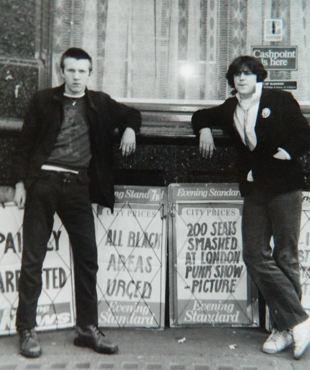 prodnose's tweet photo. Me and Mark Perry, Sniffin' Glue fanzine moguls, Oxford Street London 1977, during the great Summer Of Punk. https://t.co/981skxwhE5