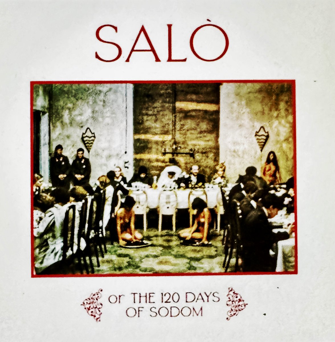 EditorofFist's tweet photo. Various Artists: Salò, or The 120 Days of Sodom

The soundtrack to Pier Paolo Pasolini’s Salò surrounds the ruling elite with the musical language of high end cultivation. Yet each composition steadily strips that pretension of any noble authority.

“Son Tanto Triste” opens with polished melancholy. Its elegance initially appears to elevate the setting, but the images soon turn the refinement into irony. The music supplies the libertines with the atmosphere of civilised men while their actions reveal appetite, cowardice and primitive domination beneath the high end tailoring.

The pieces by Bach, Chopin, Orff and Puccini deepen the contradiction. Their cultural prestige suggests order, discipline and spiritual elevation, but Pasolini places them against the addiction to humiliation and death. The music therefore does not dignify the libertines; it pricks their pretensions. Every graceful phrase enlarges the distance between how they imagine themselves and what they really are.

Chopin’s melancholy becomes especially corrosive. Rather than humanising the persecutors, it roasts their emotional fraudulence. They defile  beauty without compassion; everything is an object which has an orifice. Their taste seethes with corruption: evidence of superiority is displayed by those  incapable of recognising the humanity of the other cast before them.

Orff’s ceremonial force is darker still. Its grandeur exposes power as nothing more than a theatrical performance. Authority marches, declares and arranges bodies, but beneath the spectacle lies its own  cadences of humiliation. The music gives power its desired magnificence while the celluloid withdraws it.

Cultivation collapses into grotesque entertainment, showing how what is deemed to be aspirant is a delusion.
“Addio a Pier Paolo Pasolini” finally changes the direction of the record. The soundtrack moves from the counterfeit deification of the libertines towards a genuine lament. Unlike their rituals, Morricone’s tribute possesses grief at the spread of the human abjection. It does not provide enlightenment to shine it mourns the snuff movie that flows in its wake. 

The record’s movement shifts from cultivated pretension to immoral exposure. The music promises transcendence while the images reveal a ruling class crawling on filth mirrored in  its polished shoes.