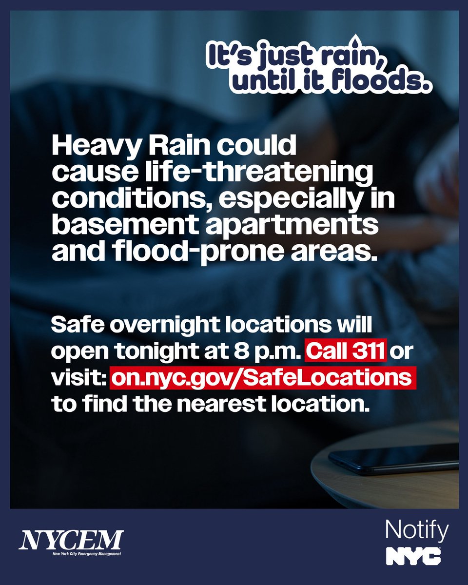 nycemergencymgt's tweet photo. New York City is opening 51 safe overnight locations tonight ahead of heavy rain and potential flash flooding. With dangerous conditions possible, especially in basement apartments and flood‑prone areas, New Yorkers are urged to make a plan, limit travel, and stay alert. 
 
Visit https://t.co/utdO1rj34f or call 311 to find a nearby safe location. Safe overnight locations will open tonight at 8 p.m. and remain available while dangerous conditions persist. Service animals and pets are welcome. 
 
Sign up to Notify NYC by texting NotifyNYC to 692-692. To get special  basement alerts sign up at https://t.co/Lx89m3xbGa. 

Learn how to prepare yourself and your loved ones for flooding at https://t.co/3t3I1pbAno

Stay safe and check in on your neighbors.