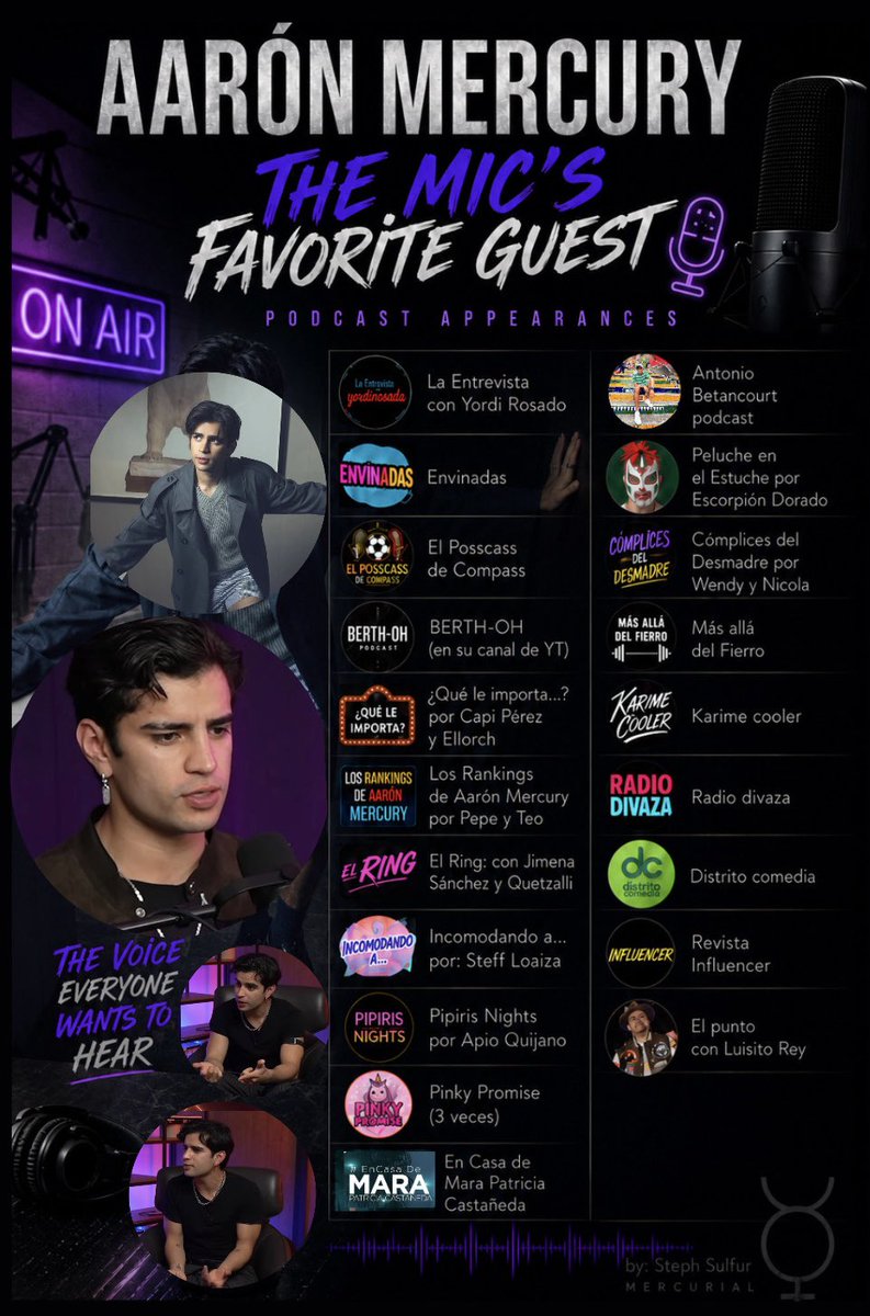 Steph0zz's tweet photo. “THE PODCASTS' FAVORITE GUEST” 

🎙️Cuando hay una historia que contar, los micrófonos se encienden.

✔️✨Un recopilado de algunos de los podcasts que han recibido a #AaronMercury como invitado.🖤✨#AARONATION https://t.co/Mp9X3BFjpN