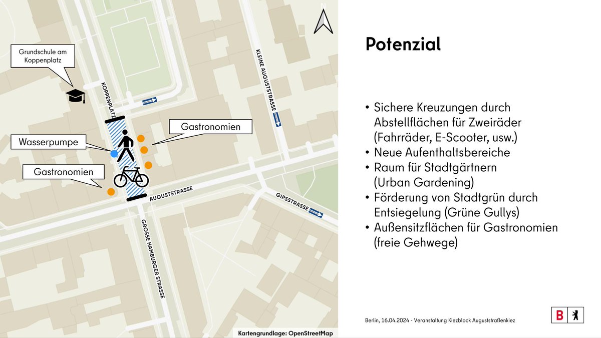 florian_roloff's tweet photo. Update zum #Kiezblock Auguststraße: Nachdem im April 2024 bei einer Infoveranstaltung die weiteren Planungsansätze präsentiert wurden, geht es nun endlich in die Umsetzung. Am #Koppenplatz wird ein Teilabschnitt eingezogen, um die Verkehrssicherheit für alle zu erhöhen. 👍🏼 #Mitte https://t.co/XG4YgFjjkH