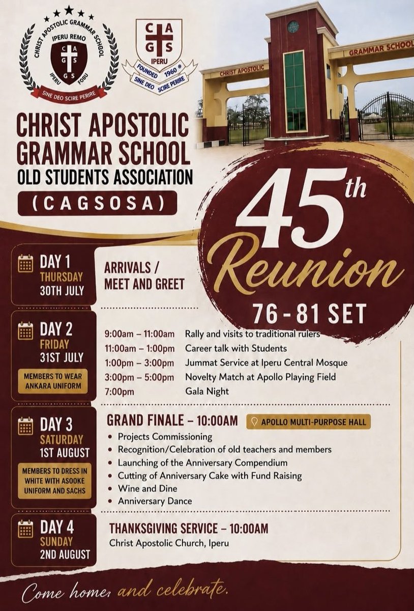 Cagsosa's tweet photo. 🎉 CAGSOSA 76–81 Set 45th Reunion is Here! 🎉
The countdown has begun! Join us as we celebrate 45 years of friendship, memories, achievements, and the enduring legacy of Christ Apostolic Grammar School, Iperu Remo.
📅 1st August
📍 Apollo Multi-Purpose Hall, Iperu Remo https://t.co/i4IKFD7DIf