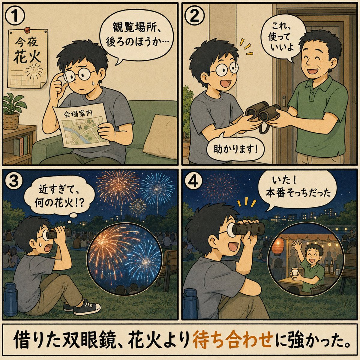 Retool_jp's tweet photo. レンタルあるある

花火大会の観覧席が結構遠い
そこでレンタルフリマで双眼鏡を借りた
花火も近いし友達もすぐ見つけられた！ https://t.co/pBhOfJAtrH