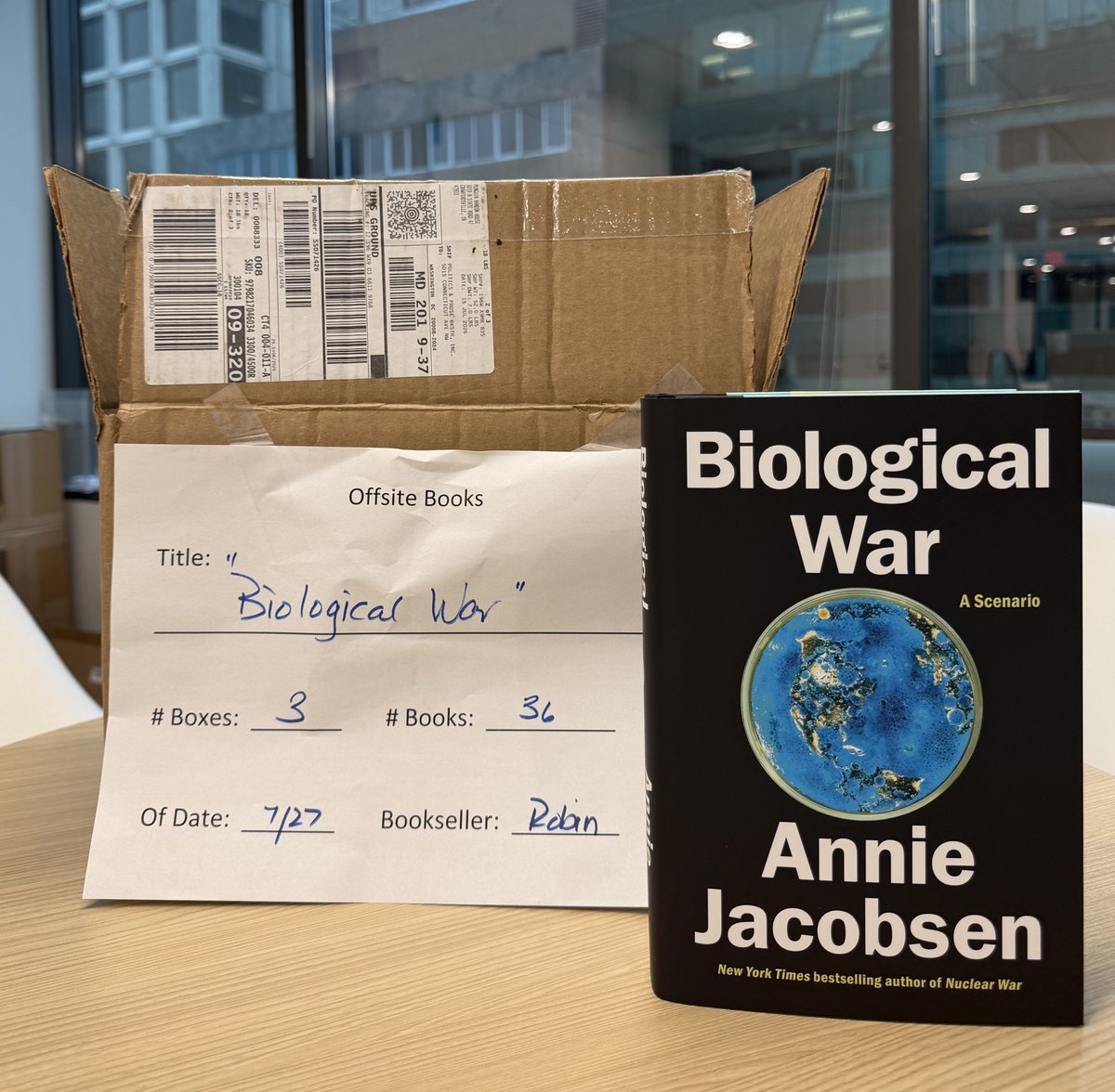 EmLBelcher's tweet photo. Note to self: don’t walk down the streets of DC with a box labeled “biological war.” Even if it does contain @AnnieJacobsen's thrilling new book. Congrats on the launch, Annie! https://t.co/Ve8KxipHvN