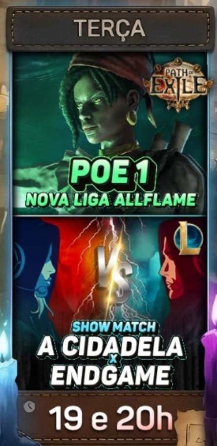 ACidadelaGG's tweet photo. DAQUI A POUCO às 19h nossa tropa vai estar no Discord passando a visão completa do Path of Exile (e a nova temporada que acabou de começar) 🪙

⚔️Na sequência, 20h a gente tem um showmatch de League of Legends entre @ACidadelaGG e a @ENDGameGN!!

Quem vai levar a melhor? 🤷‍♂️ https://t.co/h0sAihVpn1