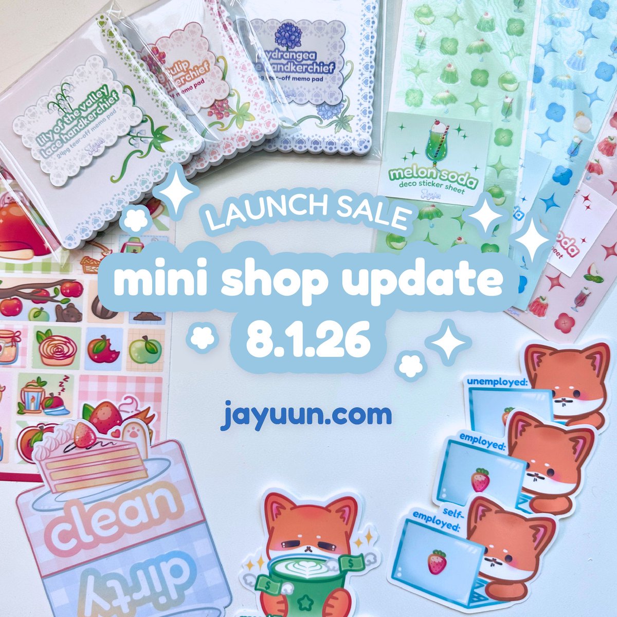 jayuunco's tweet photo. A mini shop update is coming this August 1 @ 11AM PST - enjoy an exclusive sitewide sale for https://t.co/DyI5aRUQsO only! (no Etsy sale)
🎀 If you're looking for some cute stationery, stop on by~ https://t.co/5GOAzVOacW