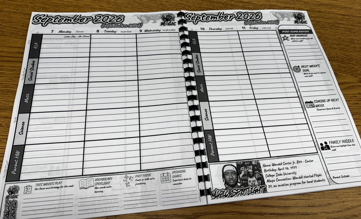 MrsLopezMagic's tweet photo. Year #9 Loading… 💙🩶🖤 Planners won’t be in color, but that’s okay. I was able to print a sample at work and bind it with a binding machine I borrowed from an awesome coworker 🙏🏻 Shoutout to @Stonewyck_OCPS custodians for making my floors super shiny 😁 #MagicMath @OrlandoMagic https://t.co/YhWGFXPgTW