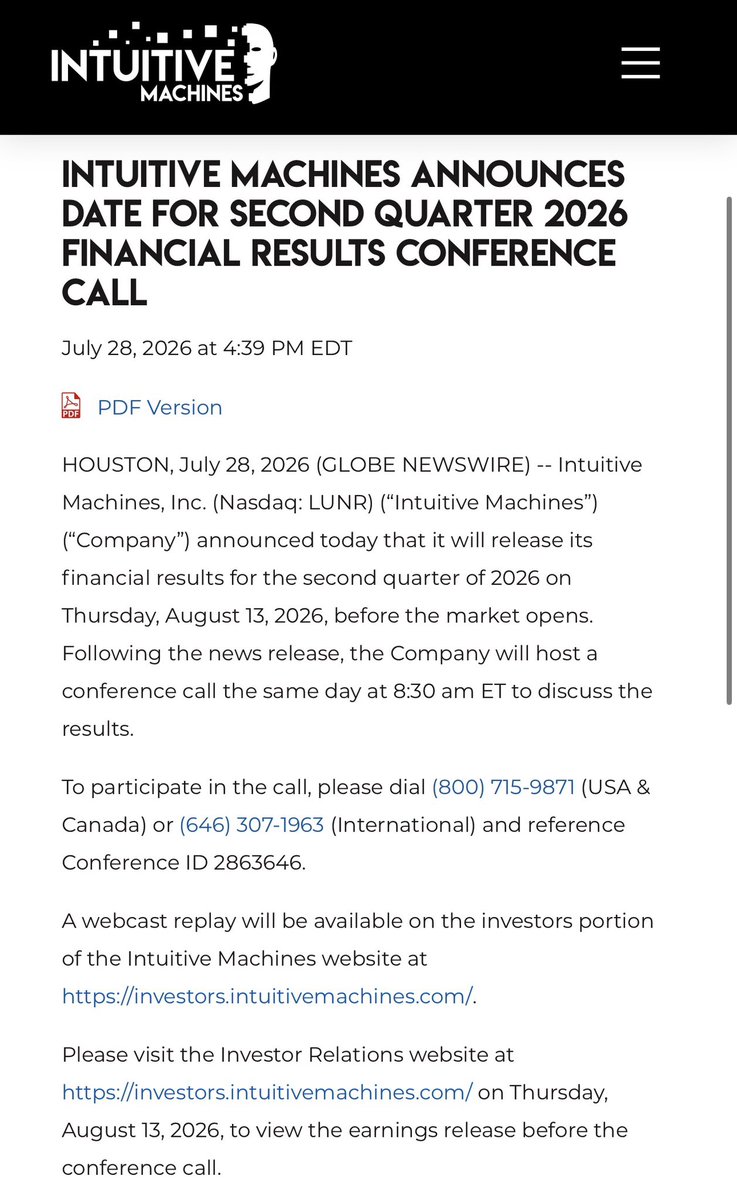 thespacecpa's tweet photo. $LUNR - Intuitive Machines Announces Date for Second Quarter 2026 Financial Results Conference Call - August 13, 2026 at 8:30AM https://t.co/xsMdbmf5OY