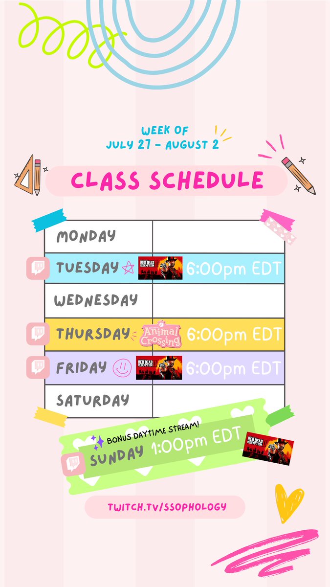 SSophology's tweet photo. โ๏ธ Weekly Schedule July 27 - Aug 2 ๐
RDR2 marathon coming up! We are SO close to 100% & Iโd love if you were there with me ๐ค Plus ACNH villager hunting to break it up!
Lurkers welcome, I hope to see you! ๐ฅฐ
https://t.co/mBWwWyMs9i
#RDR2 #RedDeadRedemption2 #FirstPlay #ACNH https://t.co/GWAT4mgSyi