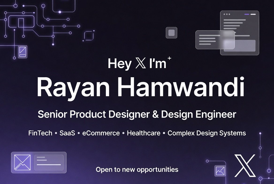 RayanHamwandi's tweet photo. Hey X 👋
I’m Rayan Hamwandi — Senior Product Designer & Design Engineer with deep experience in FinTech, SaaS, eCommerce & Healthcare.
If you're a designer - let's connect
#ux #uxdesigner #fintech #saas #uiux #uidesigner https://t.co/0Uc3iiDQnl