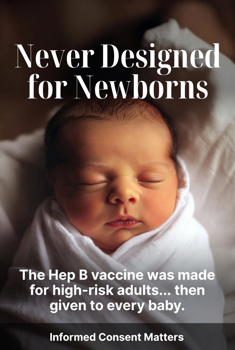 toobaffled's tweet photo. The Hep B vaccine was never created for healthy newborns.
It was developed in 1981 for high-risk adults .. drug users, sex workers, and people with specific lifestyle risks. Healthy babies weren’t even on the radar.

When adults largely refused it and sales were tanking, the strategy suddenly changed. In 1991 the CDC made it a routine shot for every newborn in America.

A vaccine designed for high-risk adults became a day-one injection for babies who had almost zero chance of catching the disease through normal life.

Parents are finally starting to ask the obvious question:
Why does a brand-new baby need a vaccine that was never designed for them in the first place?
Informed consent still matters.