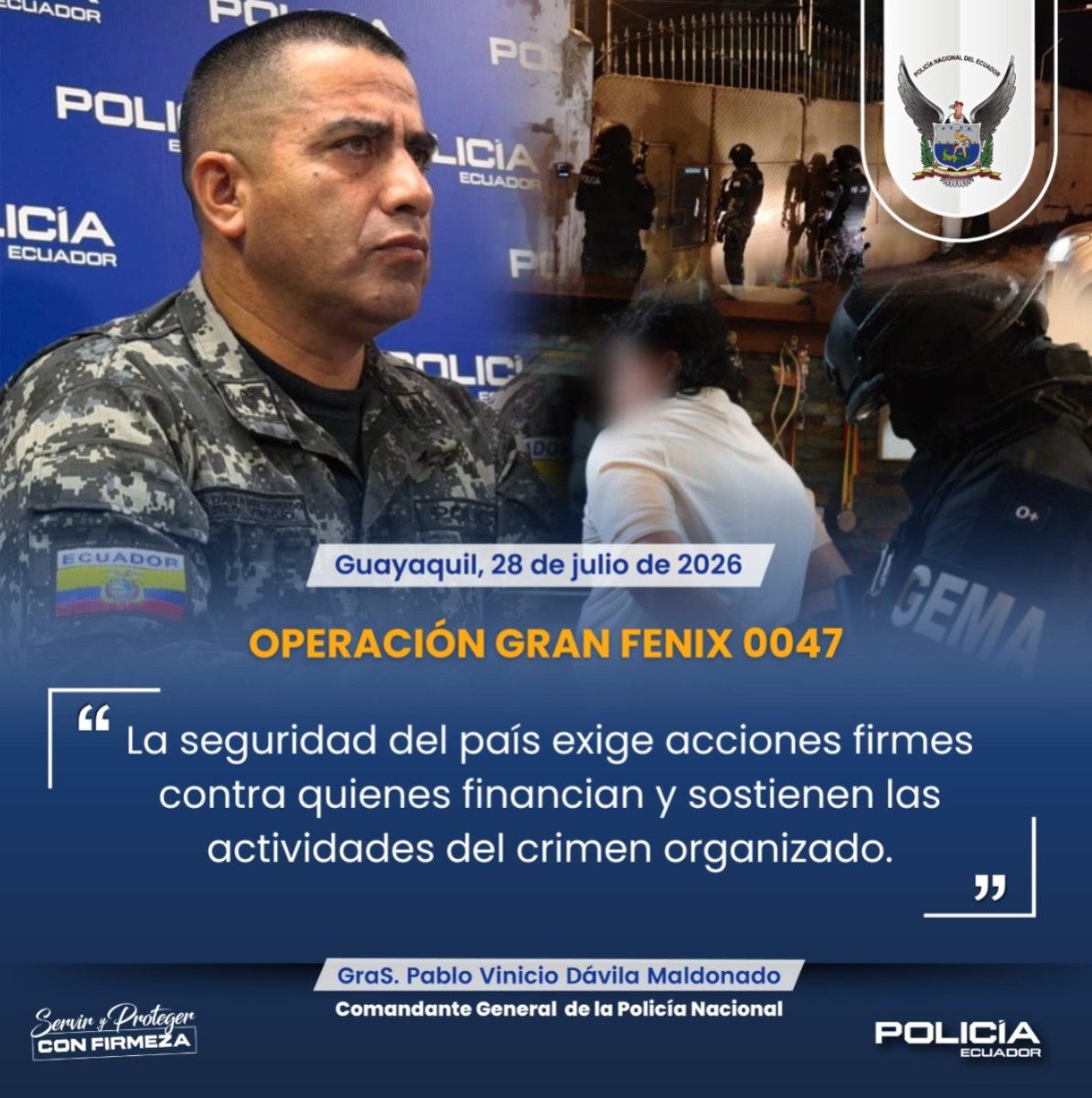 CmdtPoliciaEc's tweet photo. UN NUEVO GOLPE A QUIENES FINANCIAN EL CRIMEN ORGANIZADO

En el operativo #GranFénix47, ejecutado de manera simultánea en las provincias del Azuay y El Oro, contra estructuras dedicadas a la minería ilegal y al lavado de activos, se ejecutaron allanamientos para detener a presuntos implicados, recopilar indicios y recuperar activos vinculados a una organización investigada por el presunto delito de lavado de activos.

Continuaremos actuando con inteligencia, coordinación y firmeza para debilitar las economías criminales y fortalecer la seguridad de nuestro país.

#PolicíaEcuador
#ServirYProtegerConFirmeza
#EstrategiaOperacional3D