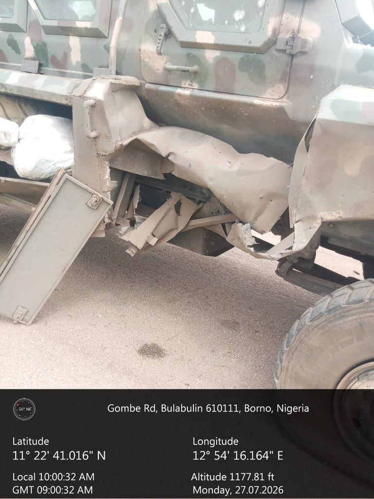 ZagazOlaMakama's tweet photo. Troops survive IED blast during civilian escort operation in Borno

By Zagazola Makama

Troops of Operation Hadin Kai escaped unhurt after their Mine-Resistant Ambush Protected (MRAP) vehicle struck a concealed improvised explosive device (IED) during a patrol and civilian escort mission in Borno State.

Intelligence sources told Zagazola Makama that the incident occurred at about 8:50 a.m. on July 27 when troops of 19 Battalion (Motorised)/25 Task Force Brigade Garrison were conducting a major supply route (MSR) dominance patrol and escorting civilians around the Bulabulin general area.

The sources said the lead MRAP encountered a concealed IED planted by terrorists, resulting in damage to its front tyres.

However, no casualties were recorded as reinforcement troops immediately moved to the scene to secure the area and support the patrol.

The damaged tyres were subsequently replaced, allowing the patrol to resume its movement and continue the escort mission without further incident.

Military sources described the incident as another indication of the persistent threat posed by improvised explosive devices deployed by Boko Haram and Islamic State West Africa Province (ISWAP) terrorists to target security forces and disrupt movement along key routes.

They added that despite the incident, the general security situation across the theatre remains calm but unpredictable, with troops maintaining high morale and operational readiness while sustaining efforts to secure roads and protect civilians.