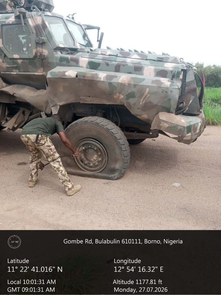 ZagazOlaMakama's tweet photo. Troops survive IED blast during civilian escort operation in Borno

By Zagazola Makama

Troops of Operation Hadin Kai escaped unhurt after their Mine-Resistant Ambush Protected (MRAP) vehicle struck a concealed improvised explosive device (IED) during a patrol and civilian escort mission in Borno State.

Intelligence sources told Zagazola Makama that the incident occurred at about 8:50 a.m. on July 27 when troops of 19 Battalion (Motorised)/25 Task Force Brigade Garrison were conducting a major supply route (MSR) dominance patrol and escorting civilians around the Bulabulin general area.

The sources said the lead MRAP encountered a concealed IED planted by terrorists, resulting in damage to its front tyres.

However, no casualties were recorded as reinforcement troops immediately moved to the scene to secure the area and support the patrol.

The damaged tyres were subsequently replaced, allowing the patrol to resume its movement and continue the escort mission without further incident.

Military sources described the incident as another indication of the persistent threat posed by improvised explosive devices deployed by Boko Haram and Islamic State West Africa Province (ISWAP) terrorists to target security forces and disrupt movement along key routes.

They added that despite the incident, the general security situation across the theatre remains calm but unpredictable, with troops maintaining high morale and operational readiness while sustaining efforts to secure roads and protect civilians.