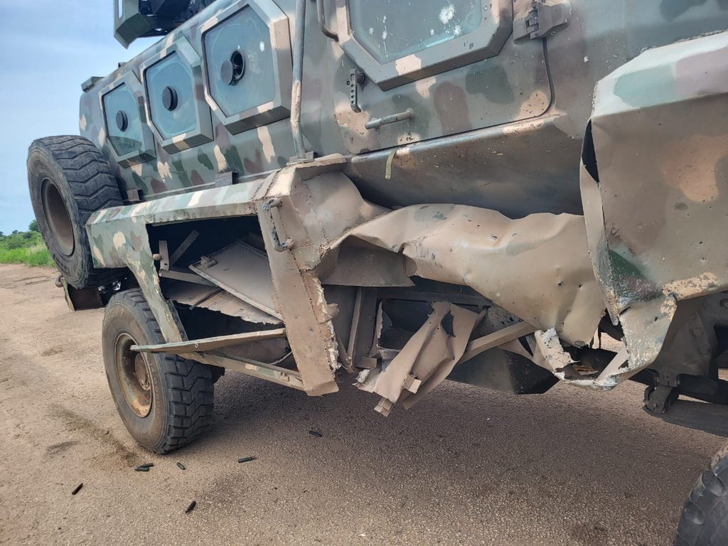 ZagazOlaMakama's tweet photo. Troops survive IED blast during civilian escort operation in Borno

By Zagazola Makama

Troops of Operation Hadin Kai escaped unhurt after their Mine-Resistant Ambush Protected (MRAP) vehicle struck a concealed improvised explosive device (IED) during a patrol and civilian escort mission in Borno State.

Intelligence sources told Zagazola Makama that the incident occurred at about 8:50 a.m. on July 27 when troops of 19 Battalion (Motorised)/25 Task Force Brigade Garrison were conducting a major supply route (MSR) dominance patrol and escorting civilians around the Bulabulin general area.

The sources said the lead MRAP encountered a concealed IED planted by terrorists, resulting in damage to its front tyres.

However, no casualties were recorded as reinforcement troops immediately moved to the scene to secure the area and support the patrol.

The damaged tyres were subsequently replaced, allowing the patrol to resume its movement and continue the escort mission without further incident.

Military sources described the incident as another indication of the persistent threat posed by improvised explosive devices deployed by Boko Haram and Islamic State West Africa Province (ISWAP) terrorists to target security forces and disrupt movement along key routes.

They added that despite the incident, the general security situation across the theatre remains calm but unpredictable, with troops maintaining high morale and operational readiness while sustaining efforts to secure roads and protect civilians.