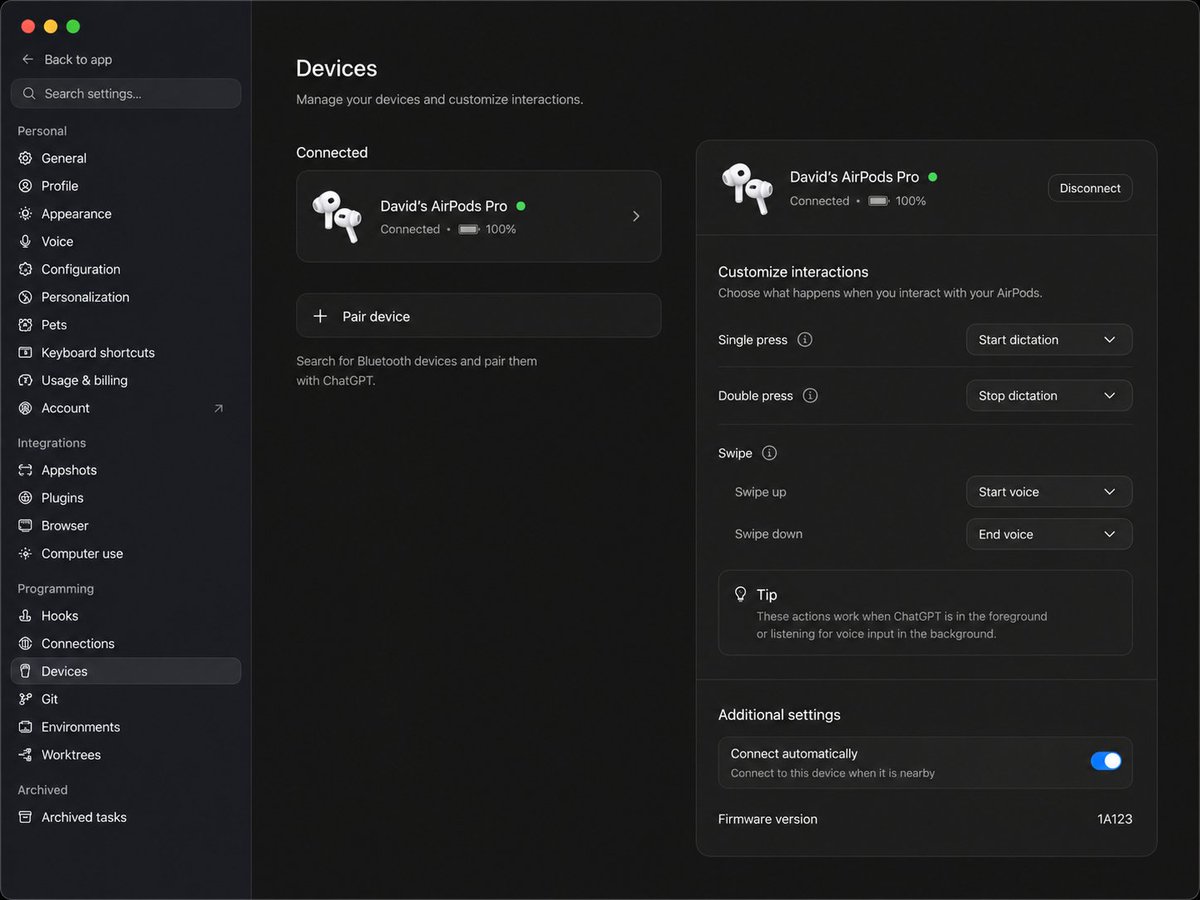 DavidBusillo's tweet photo. @thsottiaux @OpenAI ChatGPT Voice is already incredible — but this would be an amazing addition: Let AirPods and other Bluetooth headsets start and stop dictation in ChatGPT and Codex. Hands-free input while walking, thinking, or working away from the keyboard would be huge! https://t.co/DN5IBGWWZl