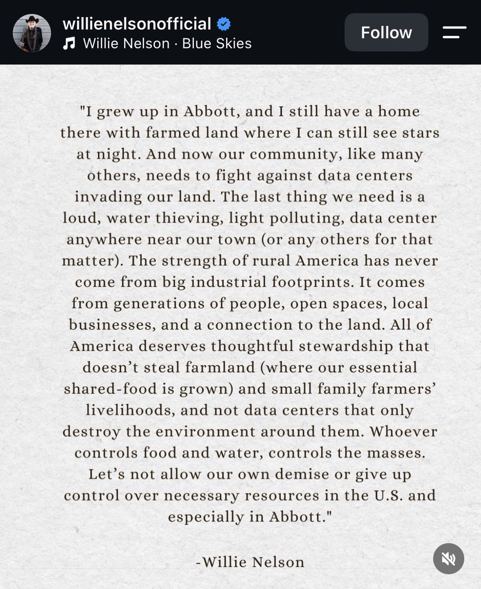 MorePerfectUS's tweet photo. Willie Nelson speaks out against data centers, saying we all need to fight against them. https://t.co/0CxUq8ynAz