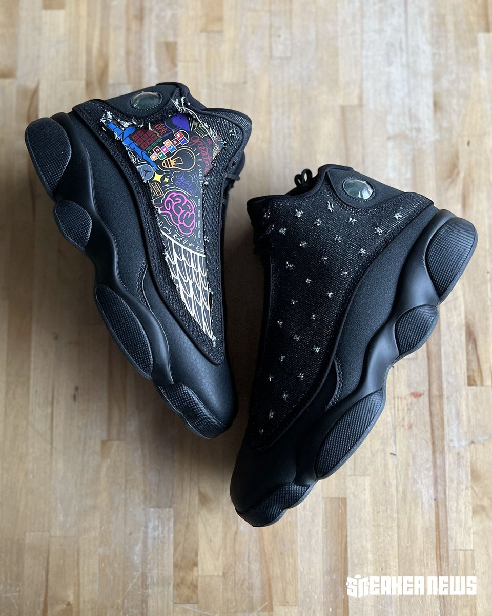 SneakerNews's tweet photo. The Air Jordan 13 "Wings" features artwork hidden underneath the black denim upper.

Droppin August 6th for $215.

Get a closer look >> https://t.co/mxE1ztJz17 https://t.co/ypRddRGeM4