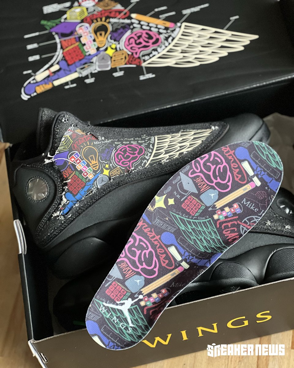 SneakerNews's tweet photo. The Air Jordan 13 "Wings" features artwork hidden underneath the black denim upper.

Droppin August 6th for $215.

Get a closer look >> https://t.co/mxE1ztJz17 https://t.co/ypRddRGeM4