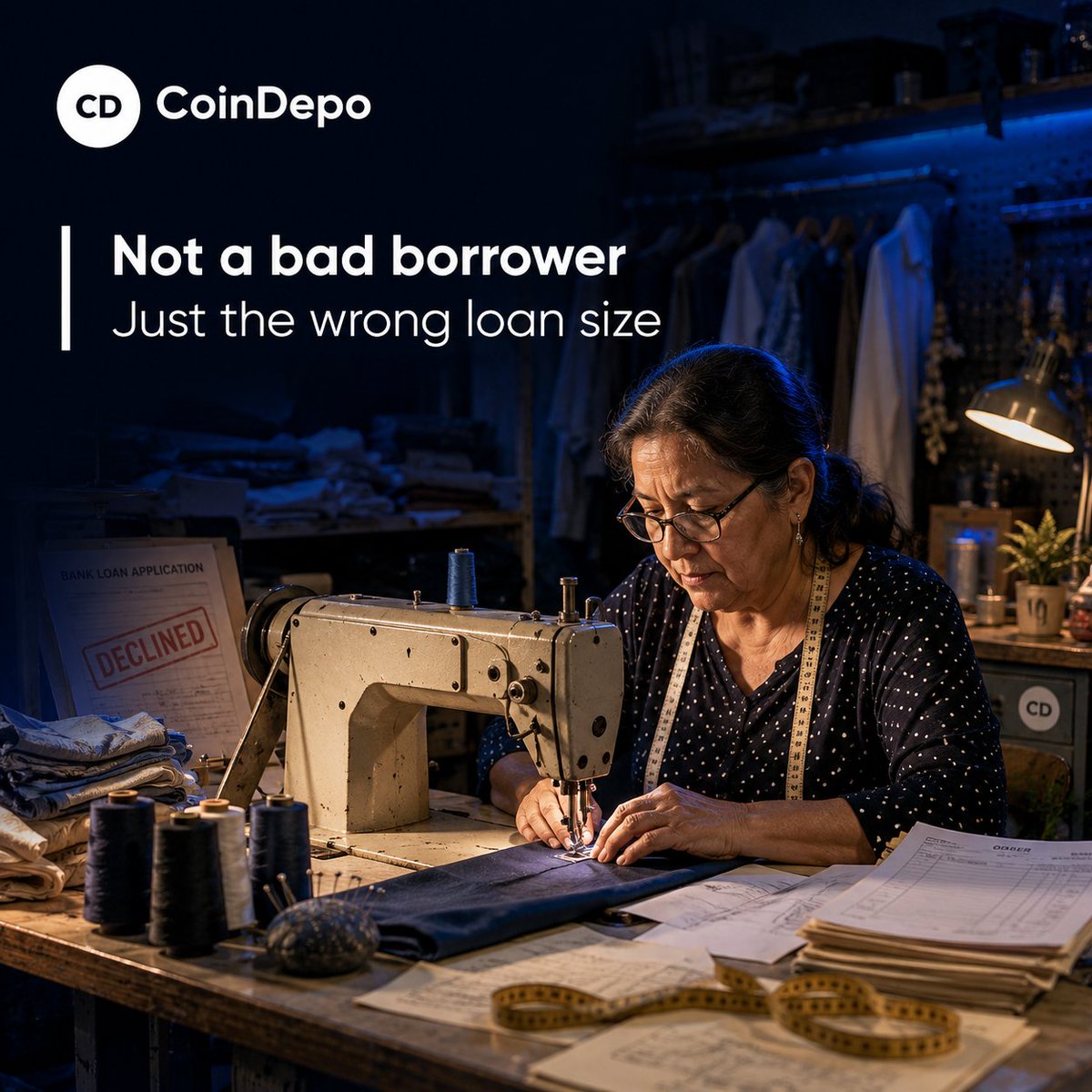 DepoCoin's tweet photo. Part two of the series: the loans banks refuse to make.  

A typical borrower in this segment looks something like this: a seamstress with a working shop and steady orders walks into her local bank and hears no, or gets offered a rate no small business can pay. She is not a bad borrower. Banks are not built for loans her size. 

 Lenders like us fill that gap, and borrowers like her pay more for credit than a US corporation would. That premium is a big piece of your rate. Last quarter, 23.8% of the portfolio worked in this segment.  

Some of these loans fail. That risk is priced into the rate, and the report shows it next to the returns.