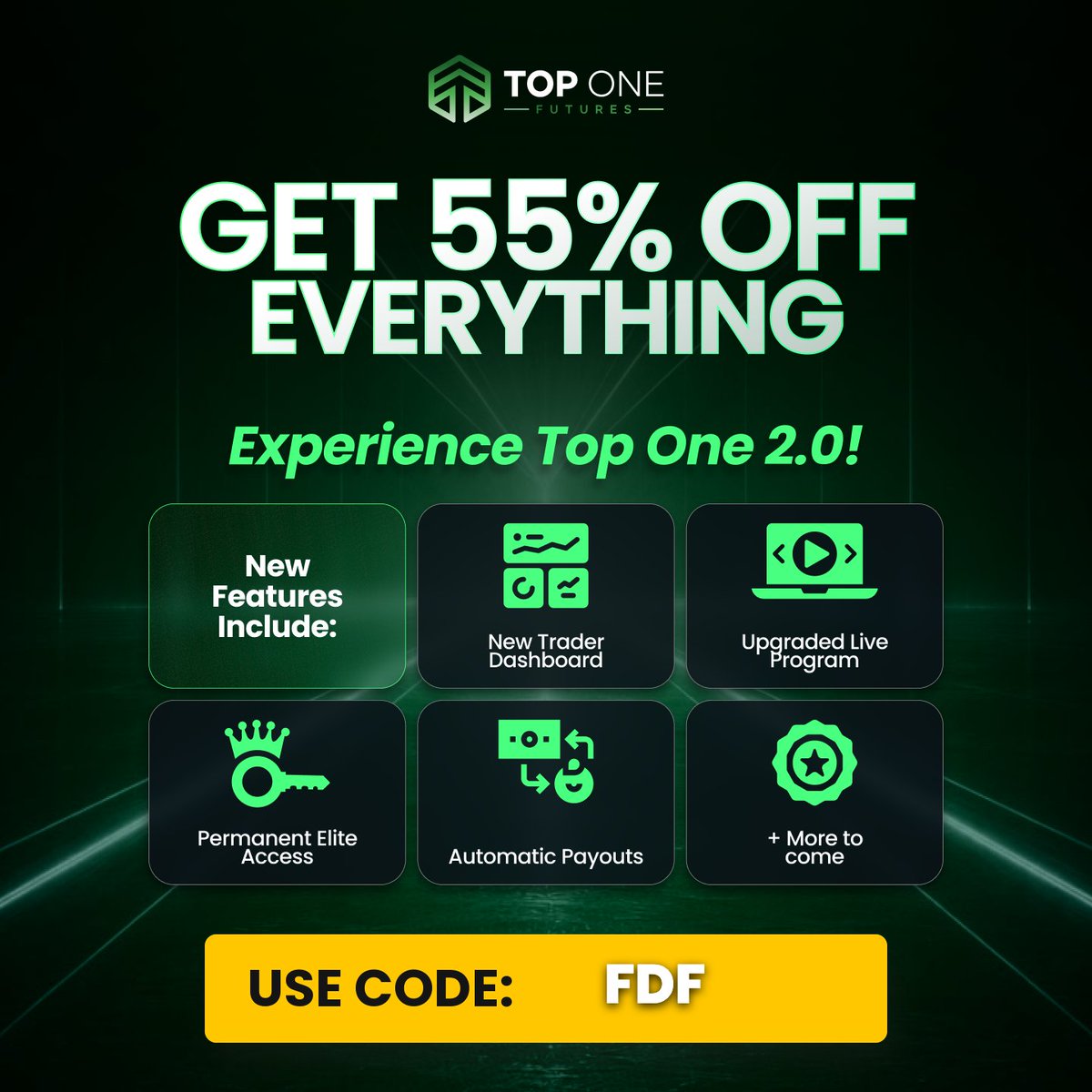 FullDrawFutures's tweet photo. I've taken payouts through Top One Futures — now they just dropped Top One 2.0 and it's 55% off everything.

New dashboard, upgraded live program, automatic payouts, permanent elite access.

If you've been waiting to start, this is the deal to do it on.

Code FDF 👇 https://t.co/5XfBGaGOcY