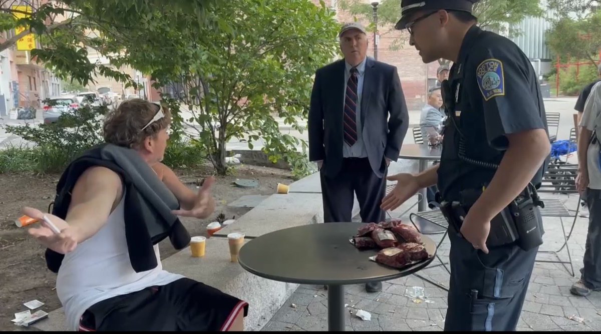 EdforBoston's tweet photo. Last night's in Chinatown, this gentleman, selling stolen meat, was arrested on an outstanding warrant for breaking and entering. I stood with and next to the police officer to demonstrate my support for him. I was prepared to assist the officer if he was assaulted. #bospoli https://t.co/hR4mVaoBZD