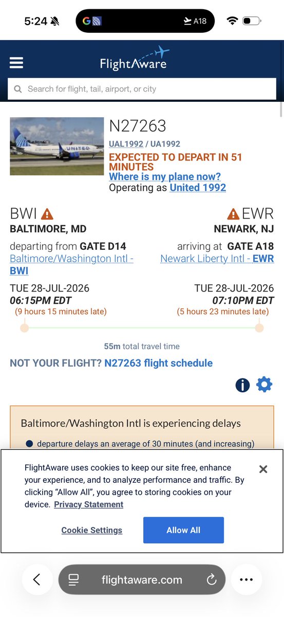LSCapital90's tweet photo. Our international flight from Newark (EWR) to Mexico City (MEX) is delayed nearly 5 hours because the assigned aircraft (N27263) is still operating UA1992 from Baltimore to Newark. That aircraft is more than 9 hours late on its previous leg. 

Disaster.

@united @FAANews https://t.co/iTEJErVjAz