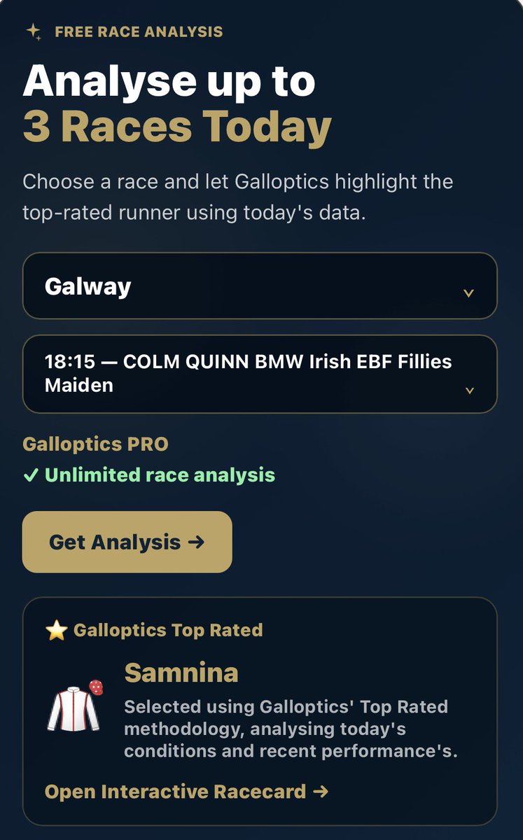galloptics's tweet photo. What a day at @Galway_Races 
Galloptics Picks delivered THREE winners in consecutive races: 

1️⃣ Frankie John (15/8)
2️⃣ Tell Us This (12/1)
3️⃣ Samnina (4/1) 

That’s a huge 90/1 treble!

Every day Galloptics Intelligence analyses all our data to make the strongest picks in each race in Ireland and the UK.
It’s free to join and all users get to pick three races every day, pro users enjoy unlimited picks.

Head over to https://t.co/sWGYSNar5C to make your free selections for Thursday's Galway and Goodwood cards.

#Galway #Galwayfestival #Horseracing #Goodwood #Gloriousgoodwood