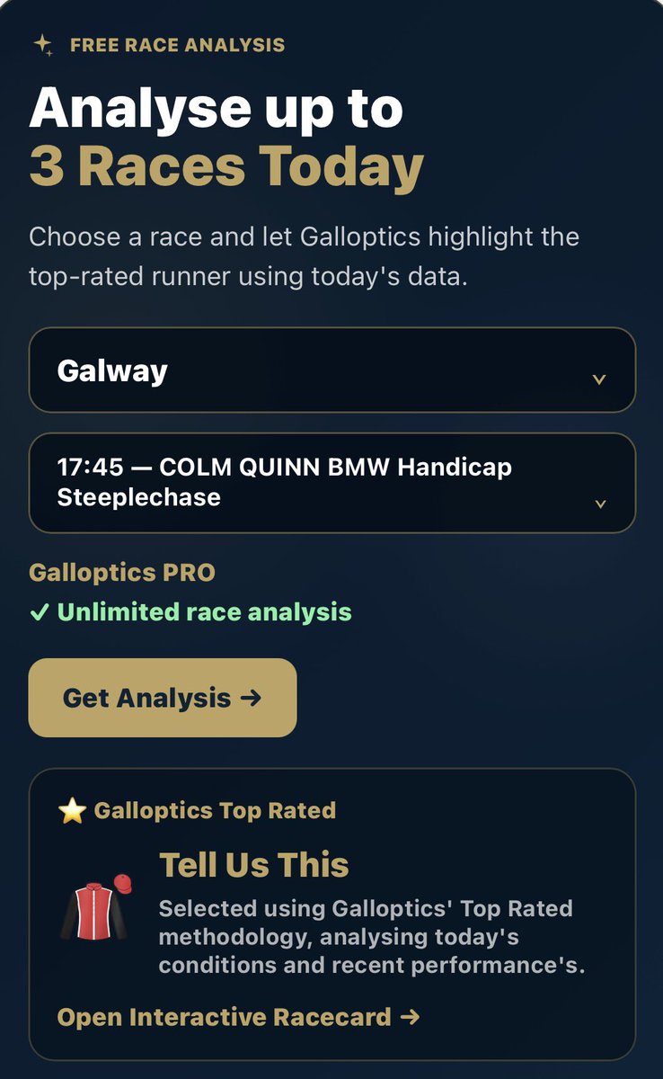 galloptics's tweet photo. What a day at @Galway_Races 
Galloptics Picks delivered THREE winners in consecutive races: 

1️⃣ Frankie John (15/8)
2️⃣ Tell Us This (12/1)
3️⃣ Samnina (4/1) 

That’s a huge 90/1 treble!

Every day Galloptics Intelligence analyses all our data to make the strongest picks in each race in Ireland and the UK.
It’s free to join and all users get to pick three races every day, pro users enjoy unlimited picks.

Head over to https://t.co/sWGYSNar5C to make your free selections for Thursday's Galway and Goodwood cards.

#Galway #Galwayfestival #Horseracing #Goodwood #Gloriousgoodwood