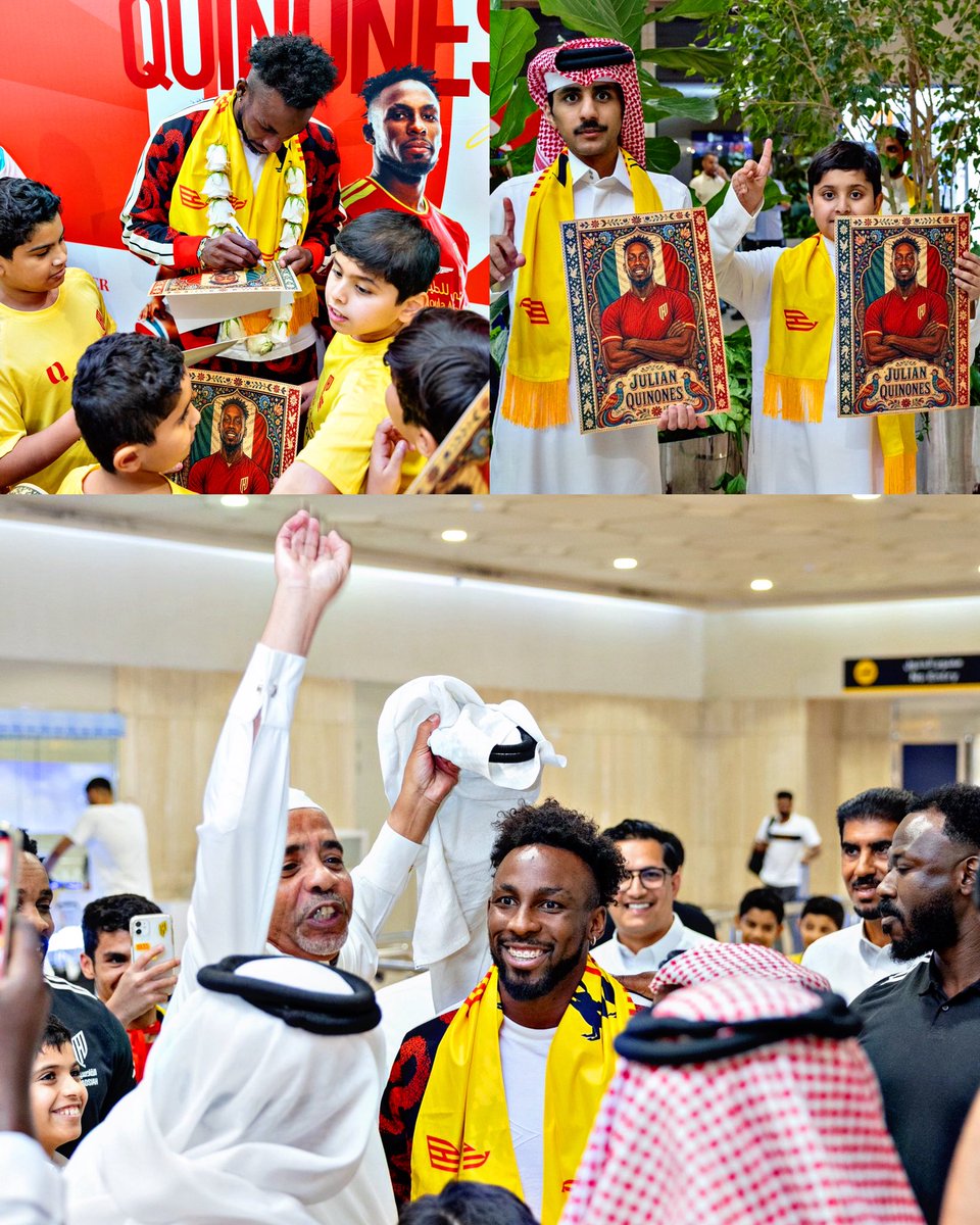 AllFutbolMX's tweet photo. ❤️🇸🇦 Julian Quiñones arrived back in Saudi Arabia after making history at the World Cup and received a well-deserved hero’s welcome at the airport. 

Fans gathered to meet the Mexican forward, who has etched his name into the history books. ✨👏🏼 https://t.co/r91l5lBD9U