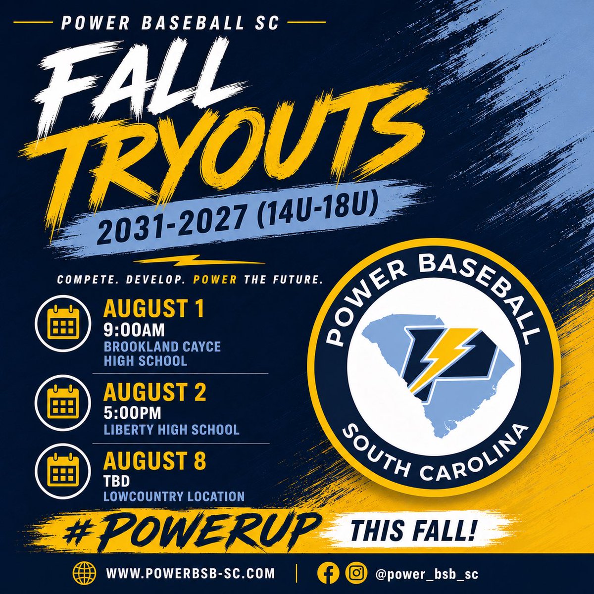 PowerBSB_SC's tweet photo. Power Baseball SC tryouts for dedicated players in the 2031–2027 (14U–18U) age groups ready to compete, develop, and elevate their game this fall.

Register today: https://t.co/b36dw5t6gp

#PowerUp https://t.co/WRhGMCgujc