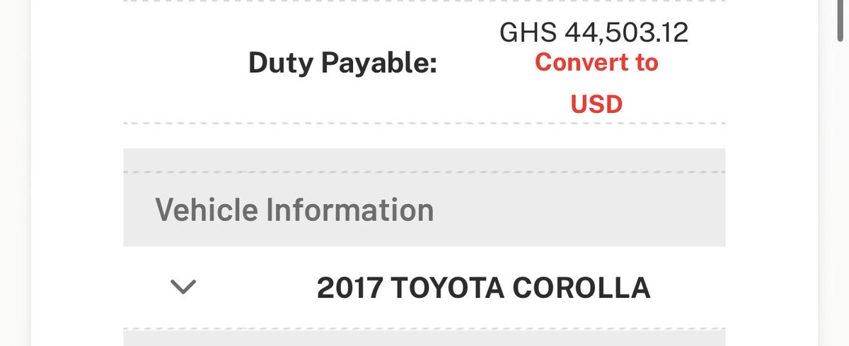 tech_twi's tweet photo. Blind argument. You people are still defending unreasonable duty charges. This 2017 Corolla costs around GH¢62,000 and does not even attract an overage penalty. Yet, if I want to import it into Ghana, the government wants to charge GH¢44,503 in import duty. How can you possibly defend that as reasonable?