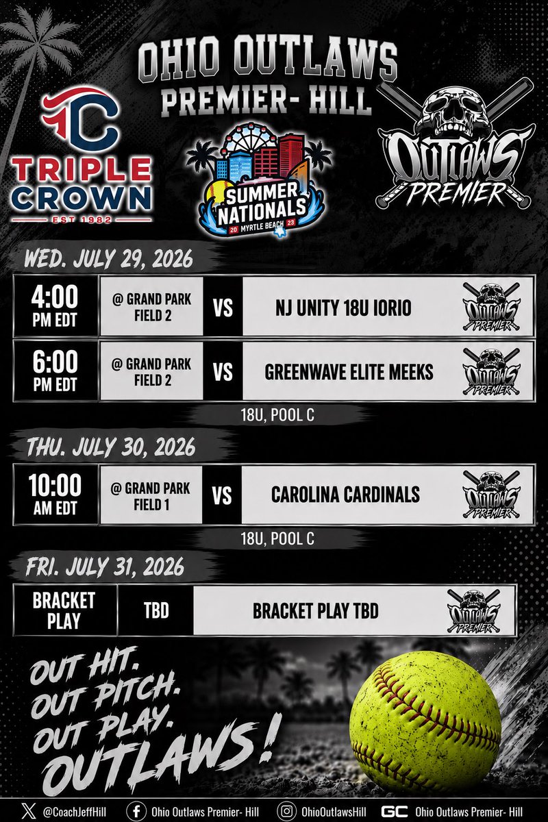 CoachJeffHill's tweet photo. One more Sleep!!!! 
@TCSFastpitch East Coast Nationals! Myrtle Beach! 

Nationals Schedule drop! 

Make one final run with this group! 
#OutlawNation #LastRide https://t.co/eWuZ2Kx1Ky
